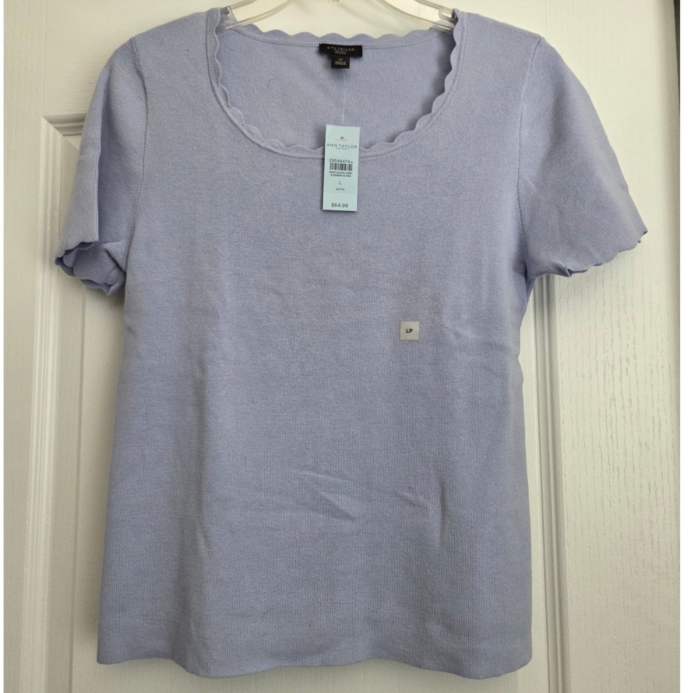 Ann Taylor Factory‎ Knit Top Scalloped Neck Short Sleeve Periwinkle Sz LP Preppy
